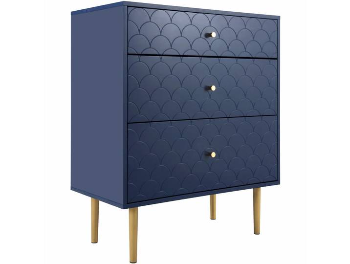 Redom Kommode 75/40/89 cm mit 3 Schubladen, Fischschuppenmuster und Metallbeinen, Marineblau, Dunkelblau, Holz, 75x89x40 cm, Kleinmöbel, Kommoden, Kommoden