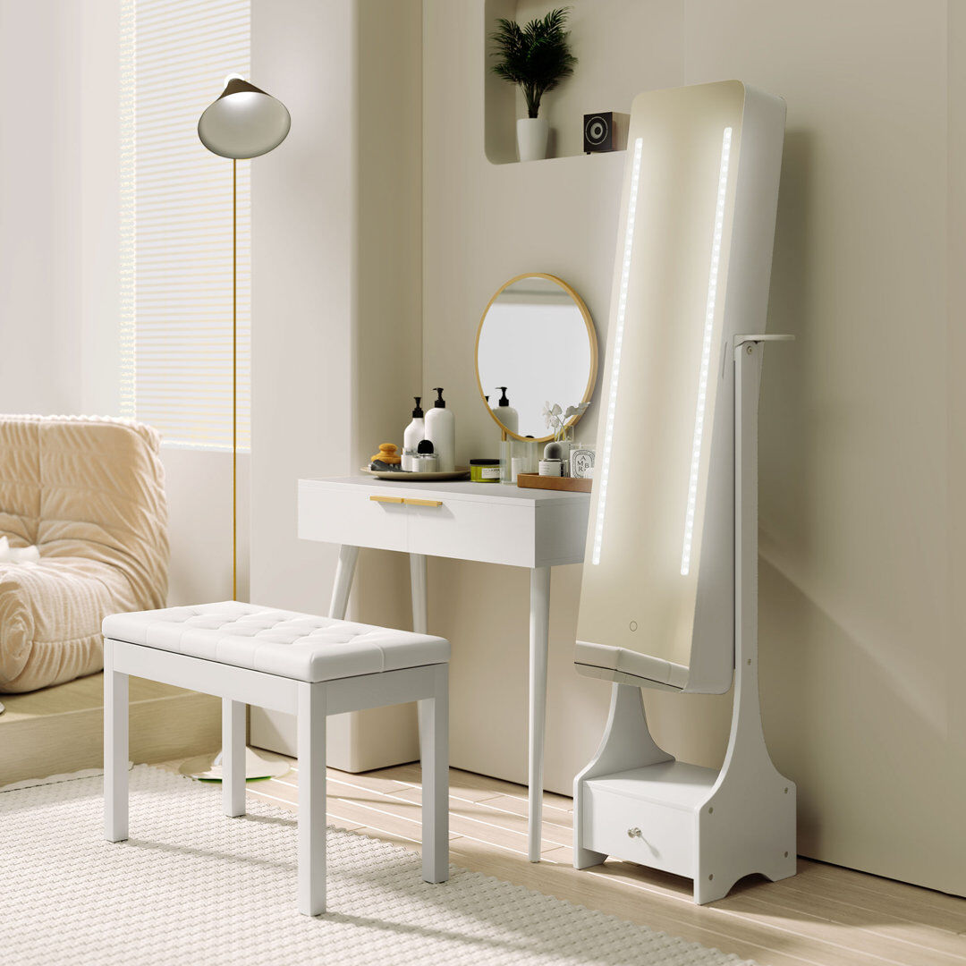 Ebern Designs Pieper Freestanding Jewellery Storage Mirror Armoire w/ LED Lights Hooks Drawer White 158cm H X 37cm W X 30cm D