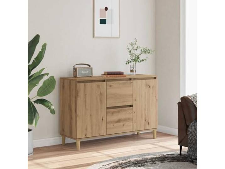 RJPLMFV Anrichte Eiche 102 x 35 x 70 cm aus technischem Holz 2 Schubladen, 2 Türen, Multimedia-Aufbewahrung, Beistelltisch, Wandbefestigung inklusive
