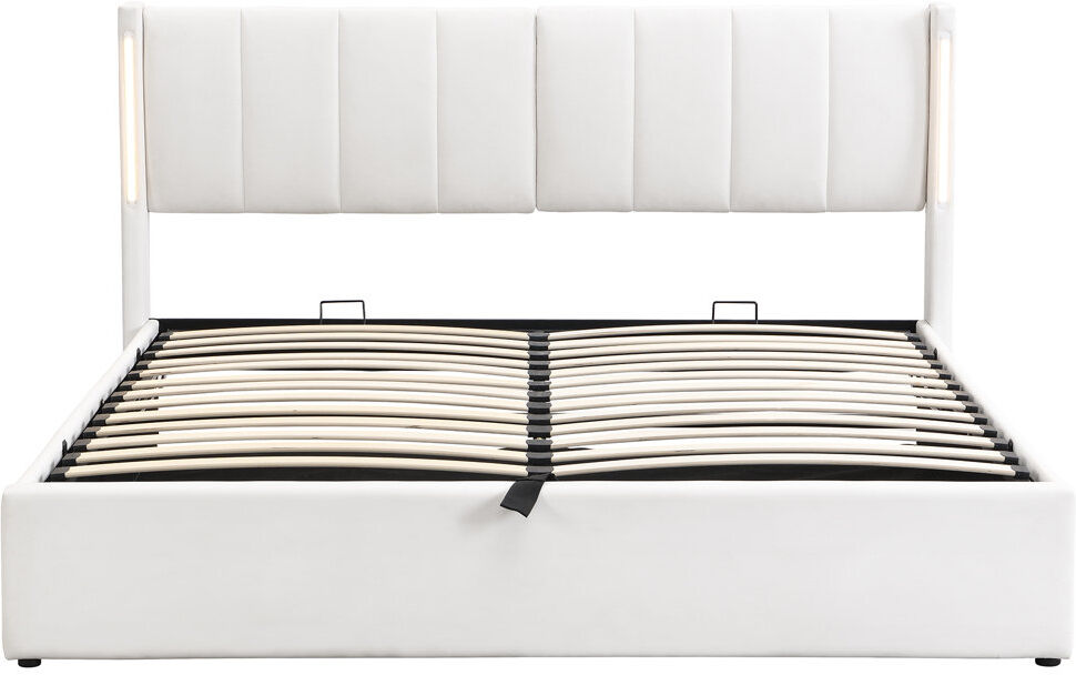 Brayden Studio Upholstered Storage Bed With Adjustable Headboard, USB And LED PU White Super King (6')