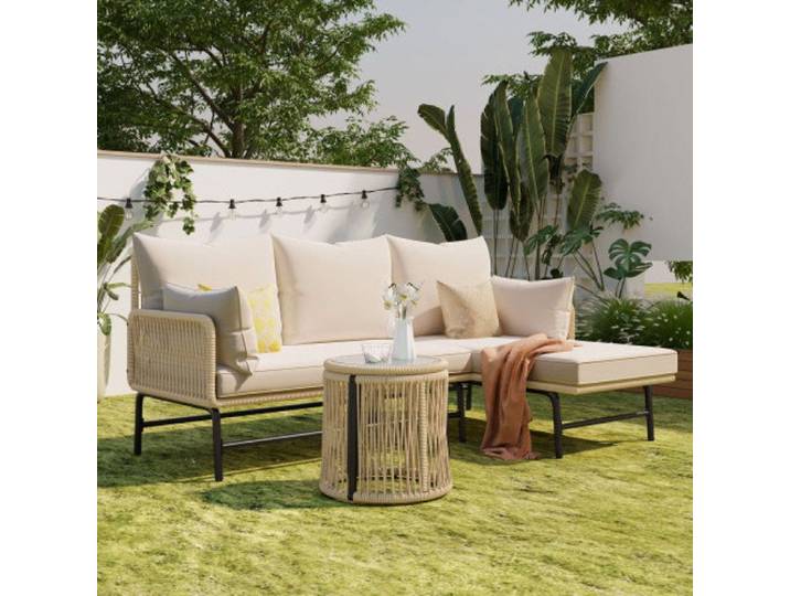 Mobilier jardin Ensemble salon de détente extérieur avec structure en fer et revêtement en corde beige mobilier en corde tissée