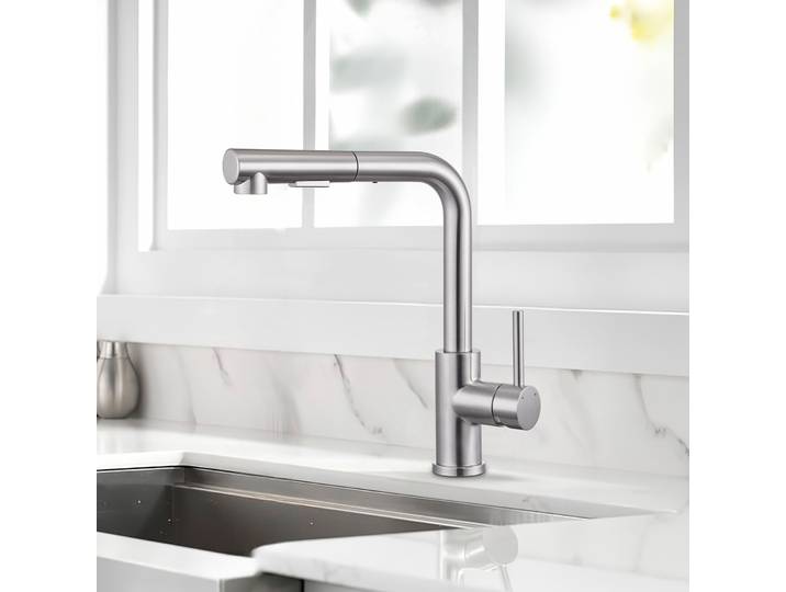 Robinet de cuisine en acier inoxydable 304, finition brossée, pulvérisateur extractible, anti-éclaboussures, 360° ° Robinet mélangeur pivotant idéal pour évier de cuisine