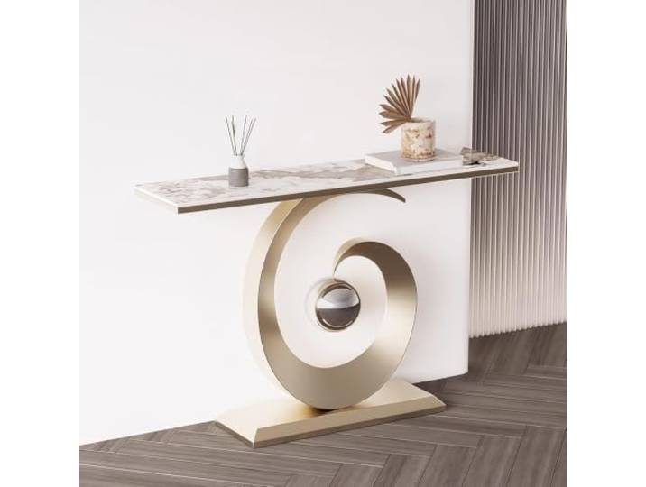 Moderner Konsolentisch Mit Sinterstein-Platte,Flurtisch Für Eingangsbereich Robuste Sinterstein-Tischplatte, stabiler Metallrahmen, moderner Flurtisch, platzsparend(Gold+White-gold,31.5 (80cm))