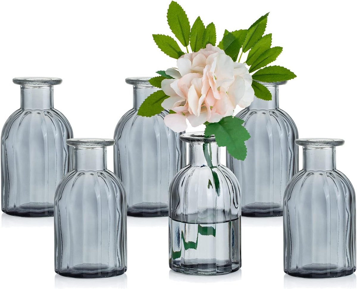 Set van 6 geribbelde glazen mini vaasjes, grijs, vintage stijl, ronde tafeldecoratie voor bruiloften