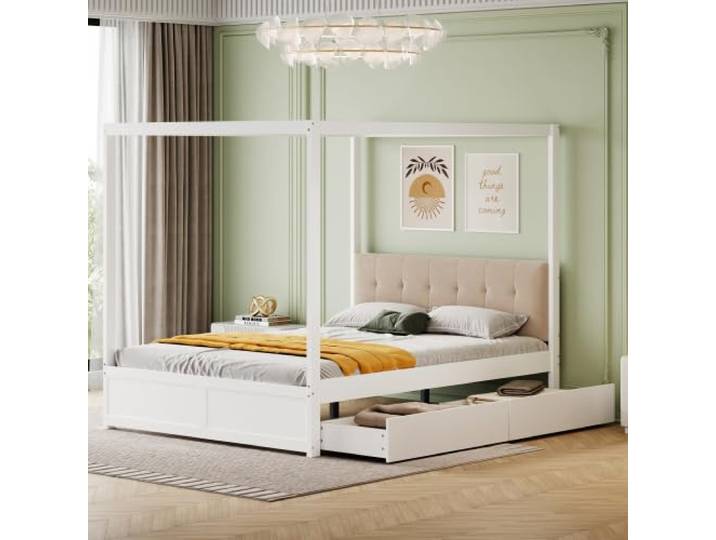 YuQozii Himmelbett,140x200cm,mit großen Schubladen und weicher Rückenlehne, Holz Bett (weiß)