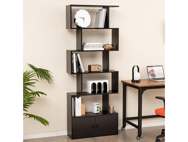 GIANTEX Bibliothèque Géométrique à 6 Niveaux-5 Étagère Ouvertes-Armoire à 2 Portes-Étagère de Rangement-Salon Bureau-70x23x183cm