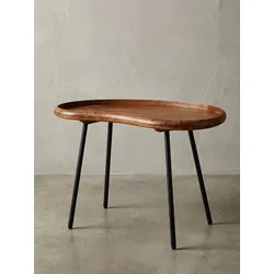 Couchtisch in Nierenform aus Massivholz mit Metallbeinen, Dunkelbraun 71x40x51 cm
