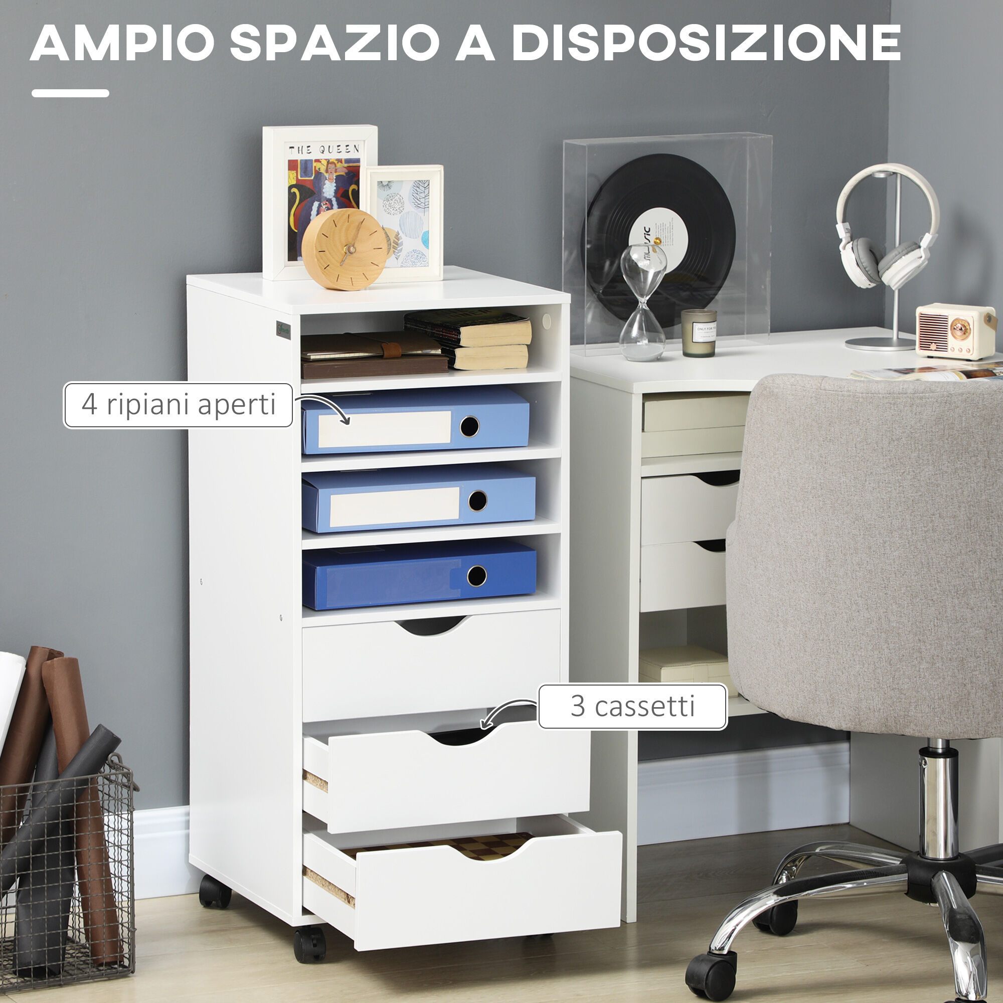 Altro Cassettiera Da Ufficio Con 4 Ruote 4 Ripiani 3 Cassetti, Legno Bianco