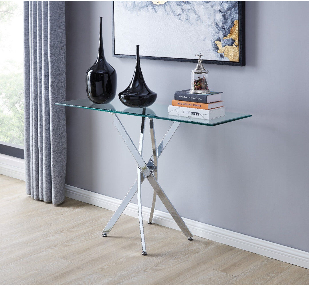 Canora Grey Chayton Modern Contemporary Glass And Chrome Console Hallway Table - Modern Sleek Design Chrome 78cm H X 40cm W X 120cm D