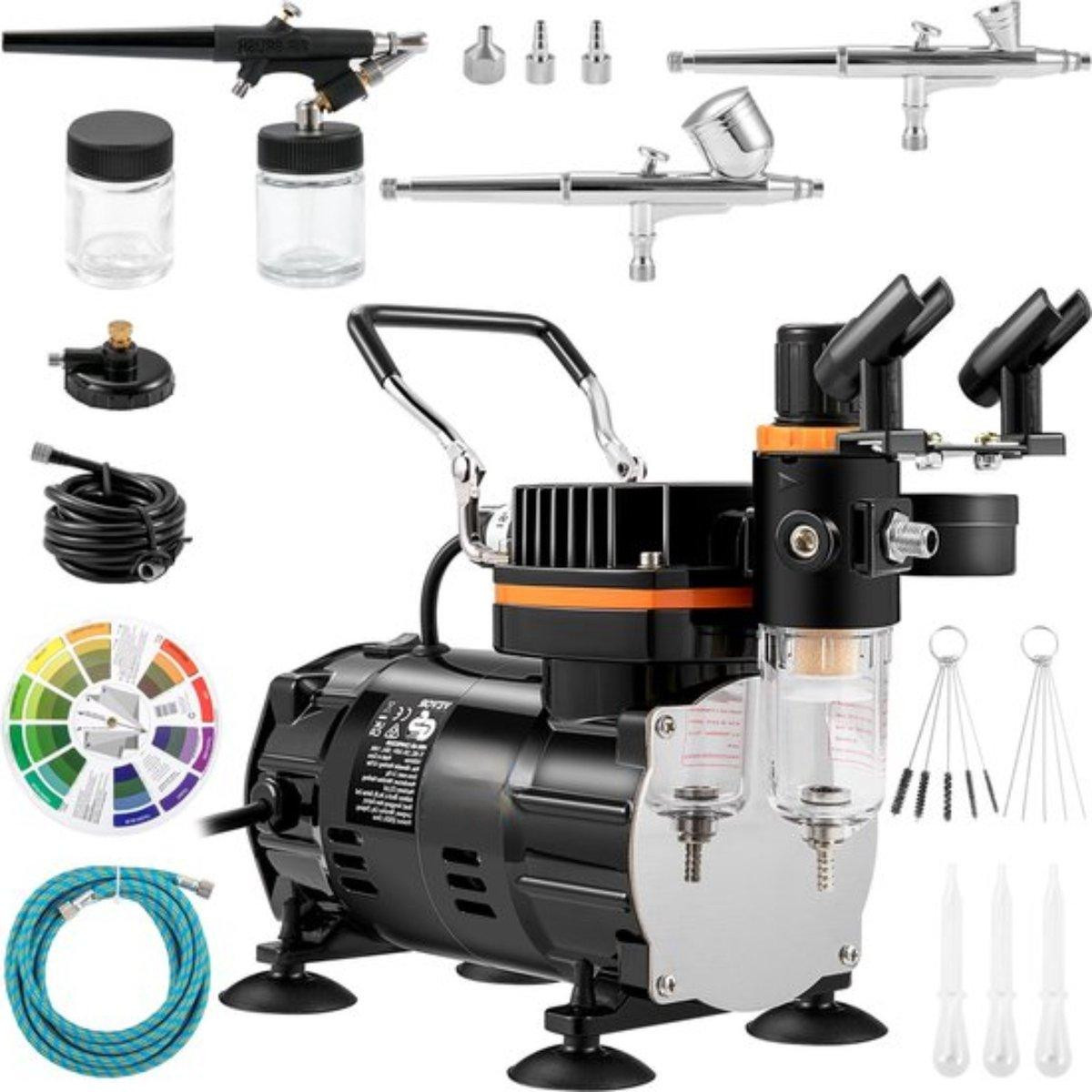 Complete Airbrush-set met 120W compressor, elektrisch spuitpistool en 3 spuitmonden en kleurenpalet