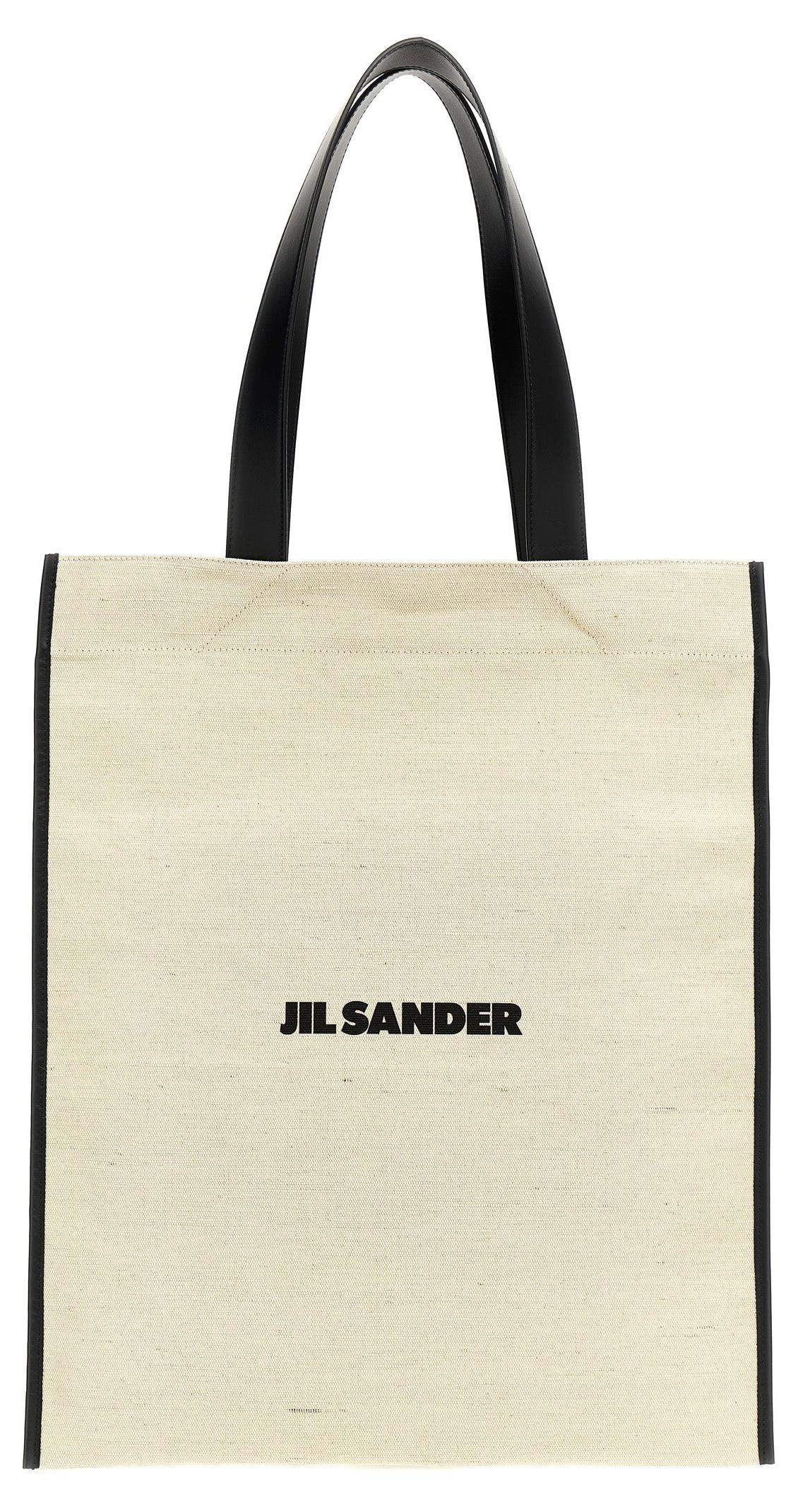 Jil Sander Cabas Jute ivoire Logo schwarze Lederhenkel