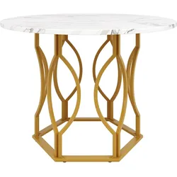 OKWISH Esstisch rund Weiß+Gold 100x100x76 cm mit marmorierter MDF Tischplatte und Metallbeinen, verstellbare Stellfüße, pflegeleicht und stabil
