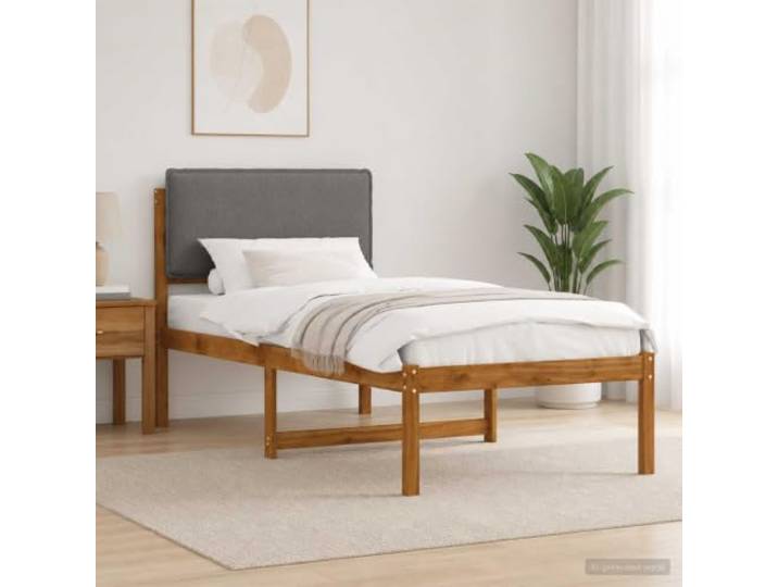 Bett mit gepolstertem Kopfteil aus massivem Akazienholz und Grau Massives Akazienholz, Kopfteil aus Leinenimitat, 100 % Polyester, Bezug des Kissens, abnehmbar und waschbar