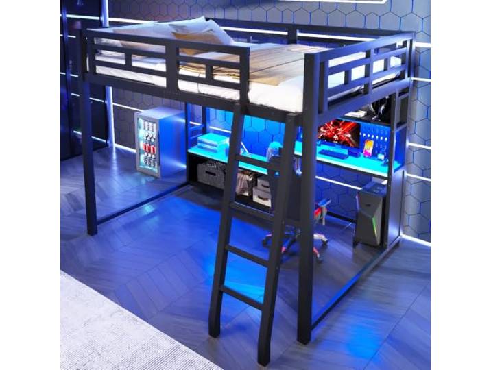 Merax Hochbett 140x200 cm, Metall, Schreibtisch, Regal, LED, Schwarz Blauer Desktop Metallbett mit Schutzgeländer und Stauraum – platzsparende Kombination aus Liegefläche,Arbeitsplatz und Ablage