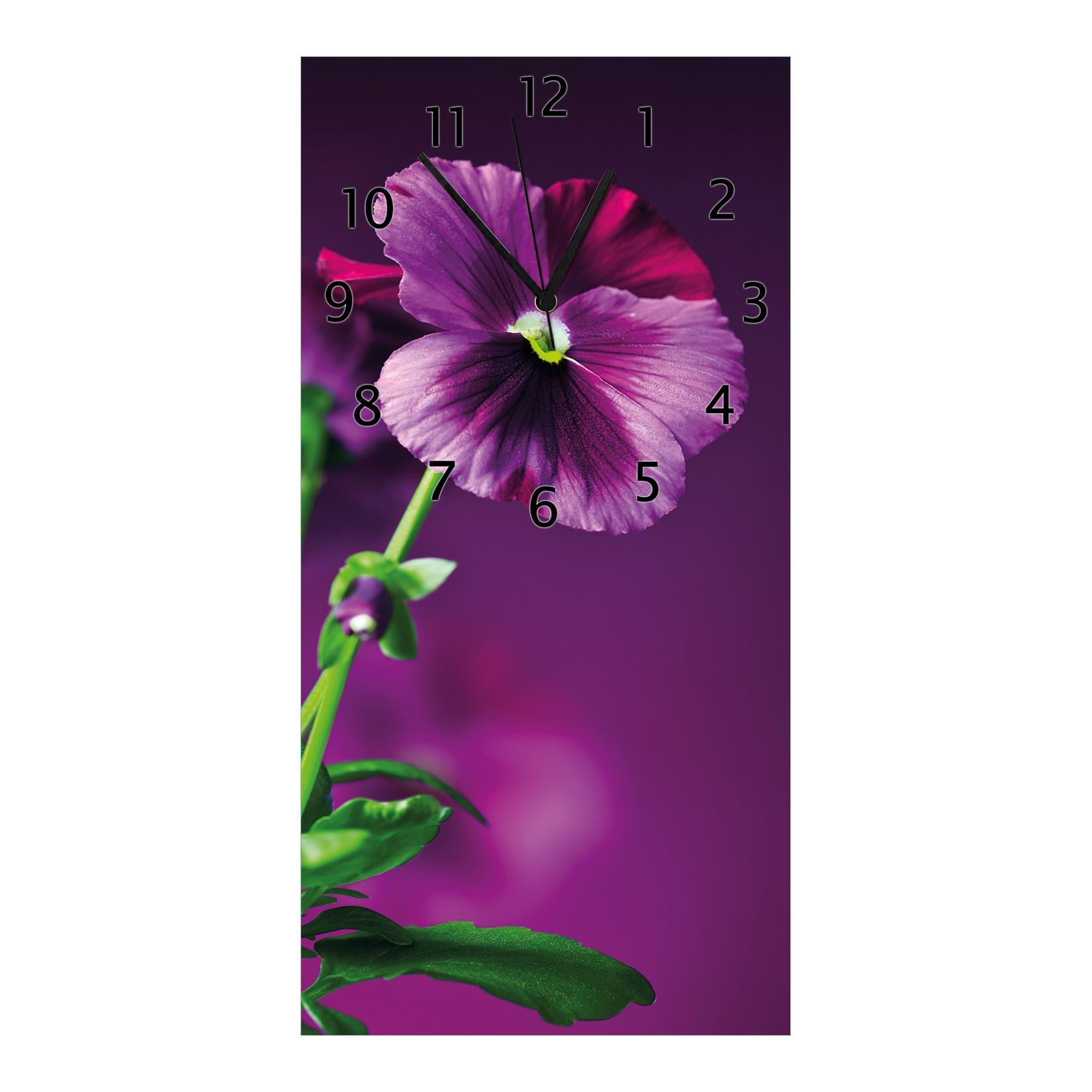 Wallario Uhr 30 x 60 cm, weiße Zeiger Lila Stiefmütterchen