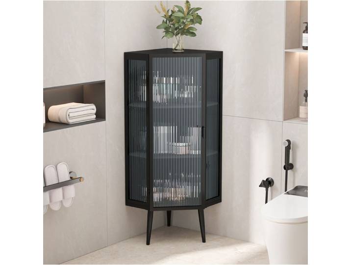 WOVREO Colonne de rangement d'angle 110 cm en métal et verre trempé noir 3 niveaux