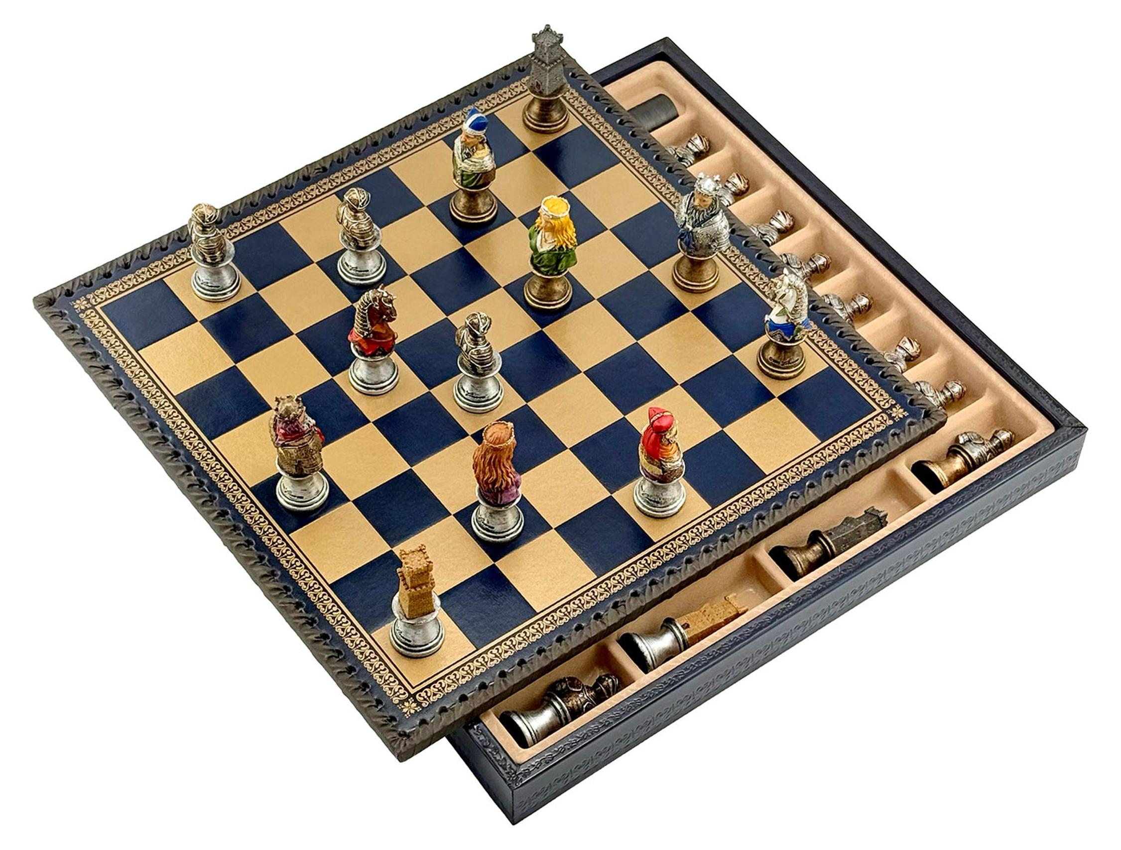 Exklusives Italienisches 3-in-1 Schach- und Spielset "Mittelalterliche Büsten" mit Kunstleder-Schachbrett - Italfama