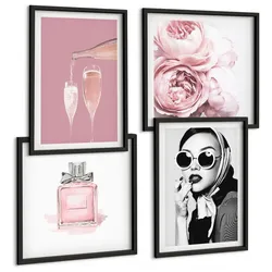 BILDER SET 4er Set - 50x50 cm & 40x60 cm Schwarzer Rahmen - Stilvolle pinkfarbene Accessoires