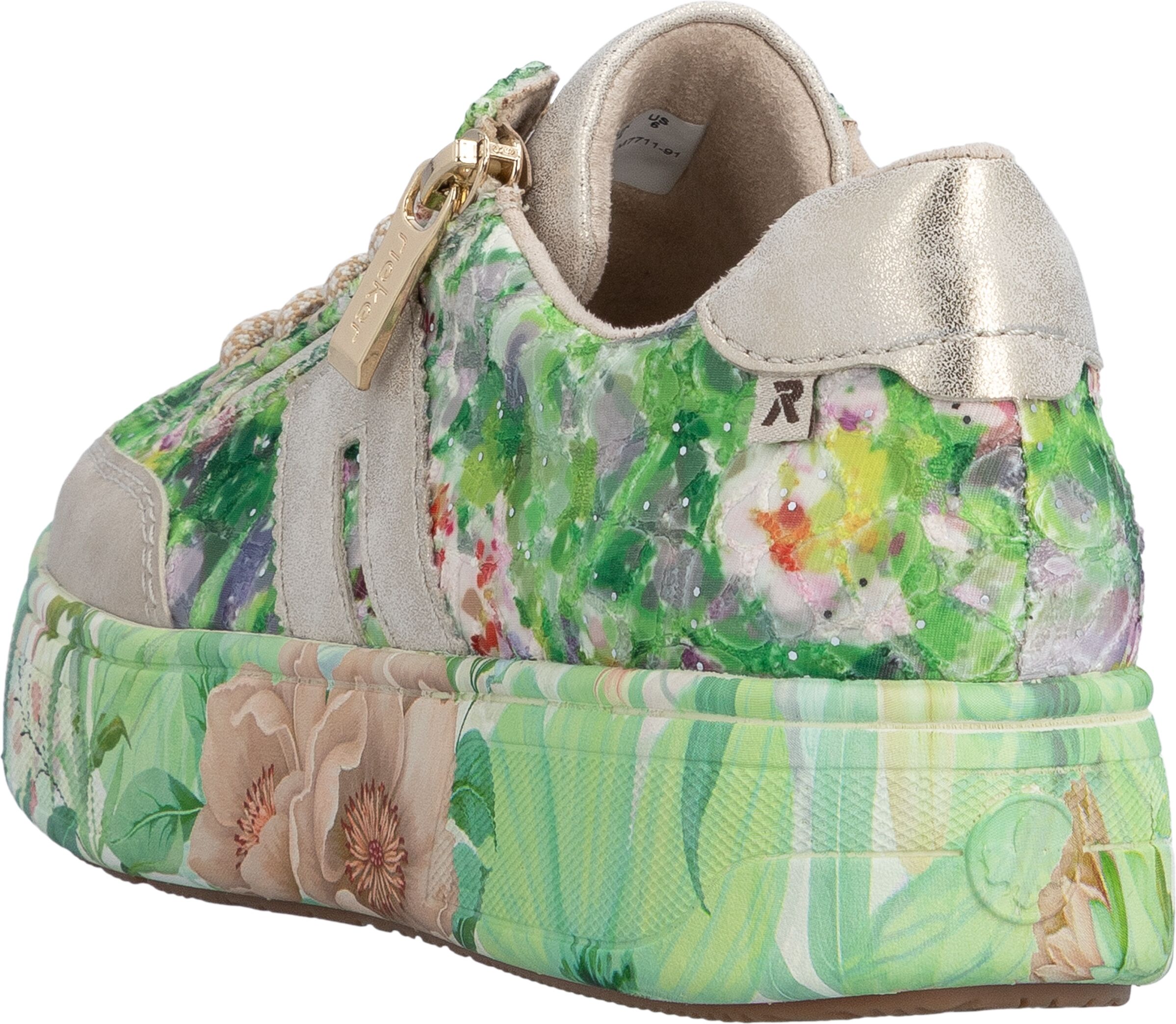 Plateausneaker RIEKER, Damen, Gr. 41, Textil, bunt (grün multicolor, goldfarben), Lederimitat, Textil, Glitzer, Schuhe Plateausneaker, Freizeitschuh, Halbschuh, Trend-Sneaker mit seitlichem Reißverschluss