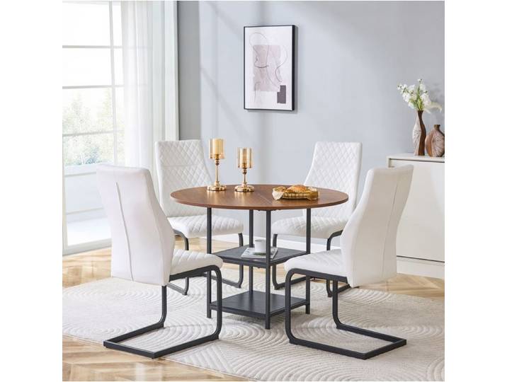MEUBLIV Ensemble table à manger ronde 107 cm avec 4 chaises blanches double rangement MDF et métal