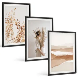 BILDER SET 3er Set - 40x60 cm Schwarzer Rahmen - Rustikale Boho-Blumenmotive