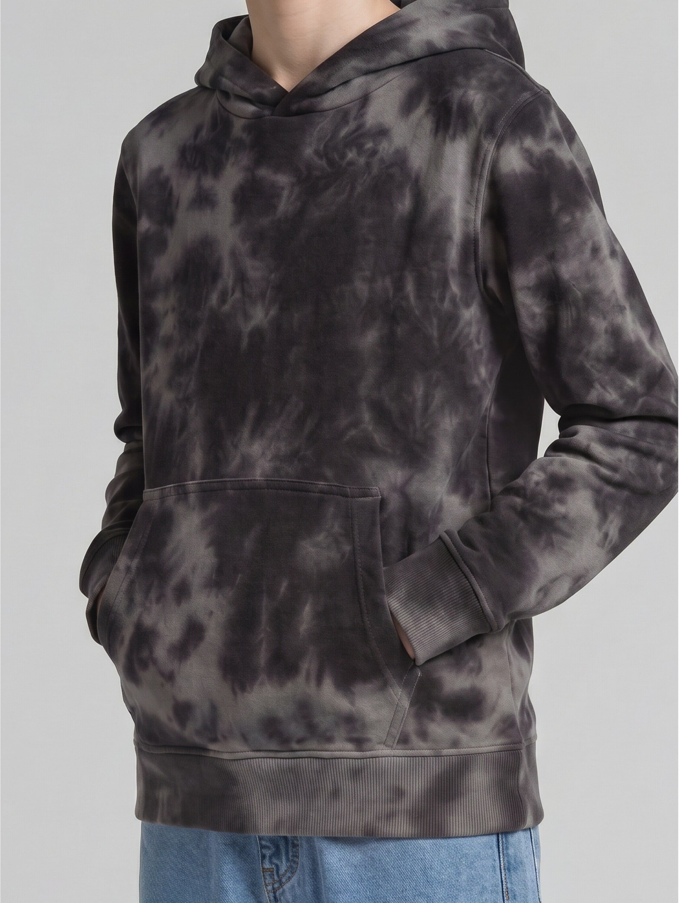 Kapuzensweatshirt TOM TAILOR, Jungen, Gr. 140, grau (dunkelgrau tie dye), Sweatware, Obermaterial: 100% Baumwolle, normal hüftbedeckend, Rundhals, Flachstrickbündchen, Sweatshirts Kapuzensweatshirt, mit Batik-Muster, für Boys