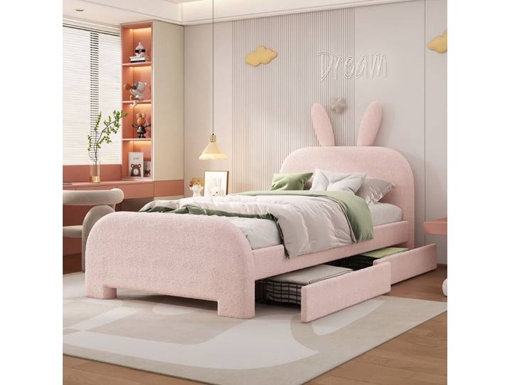 Lit enfant 90x200 - KOMHTOM - Forme lapin - Revêtement peluche - 2 tiroirs - Sommier à lattes