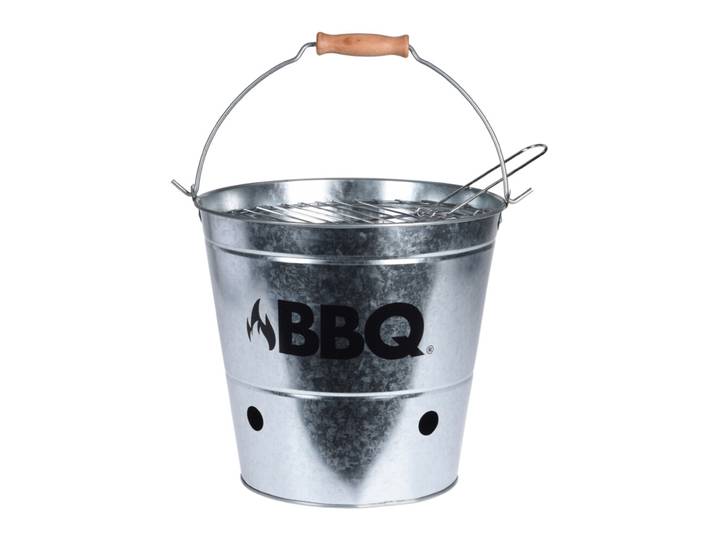 Grilleimer aus Zink mit Aufdruck, Campinggrill mit Henkel, silber, schwarz, 26,5 x 25 cm