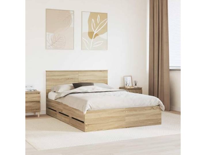 RJPLMFV Bettrahmen Sonoma-Eiche, 150 x 200 cm, Holz Mit Aufbewahrungsschubladen, festen Lattenrosten, modernem Design, leicht zu reinigen