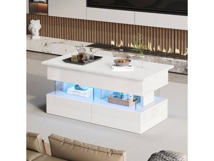 Comfyu - Table basse brillante Relevable table d'appoint avec2 tiroirs espace de rangement dissimulé lumière LED Blanc