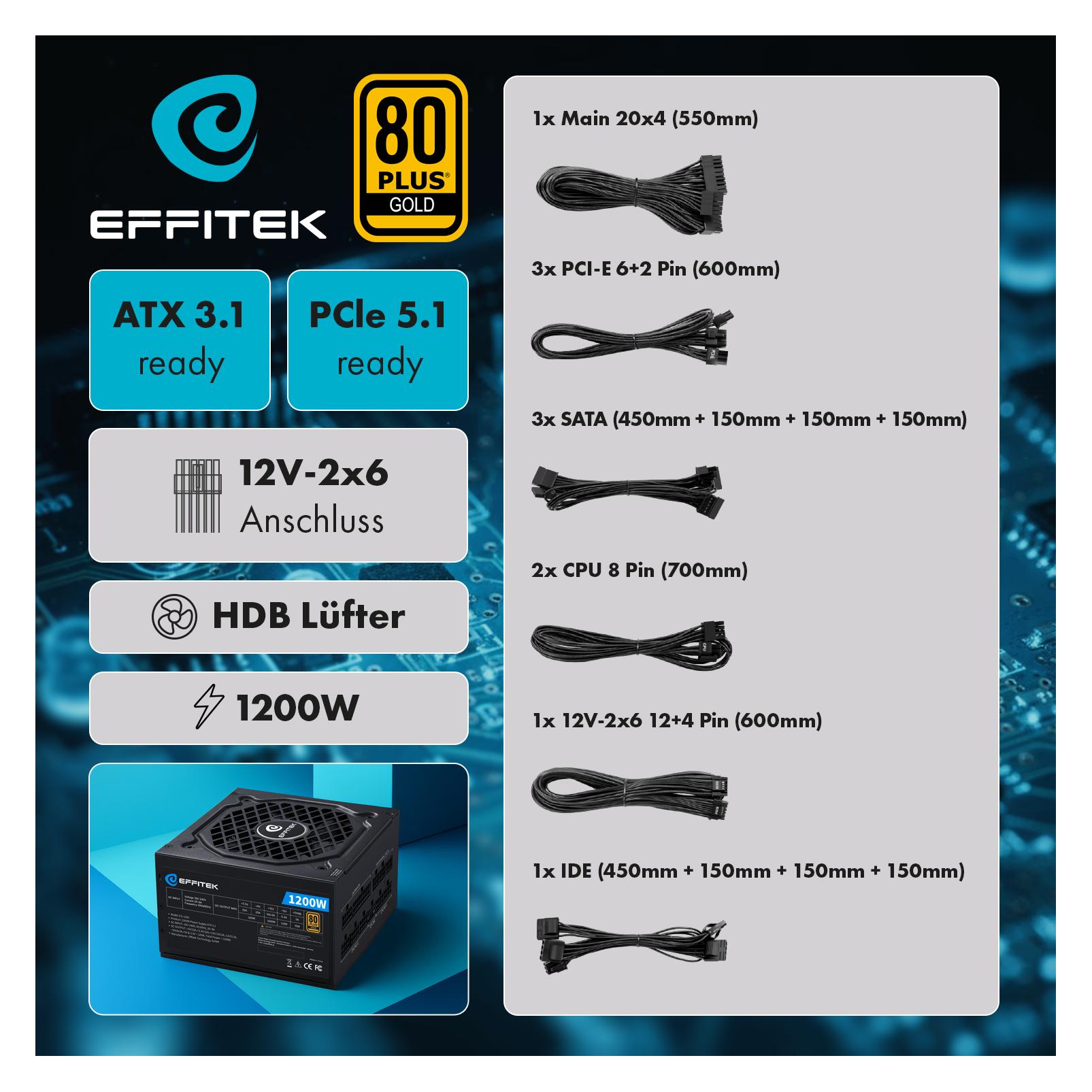 Effitek Netzteil 1200W Gold ATX 3.1, PCI 5.1 Modularer Kabel (1200 W) (EG-1200)