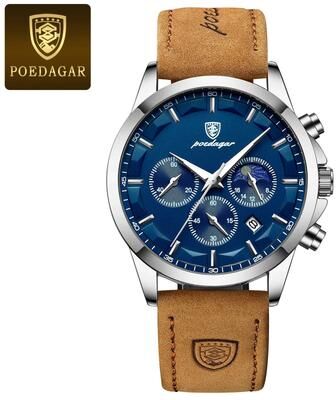 Inspire Select POEDAGAR 928L 2 Sports Luxury Men's Quartz Chronograph Watch With Luminous Date & Leather Strapwatch silver Blue