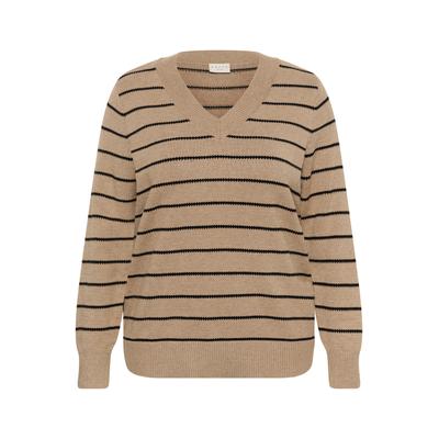 Strickpullover KAFFE CURVE "KAFFE Curve Strickpullover KCariella", Damen, Gr. XL, beige (desert taupe m., schwarz stripe), Pullover Strickpullover