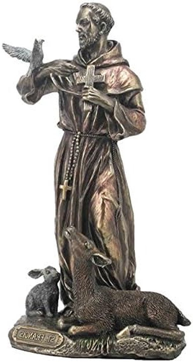 Religieus beeldje Sint Franciscus in bronskleur, 22 cm hoog