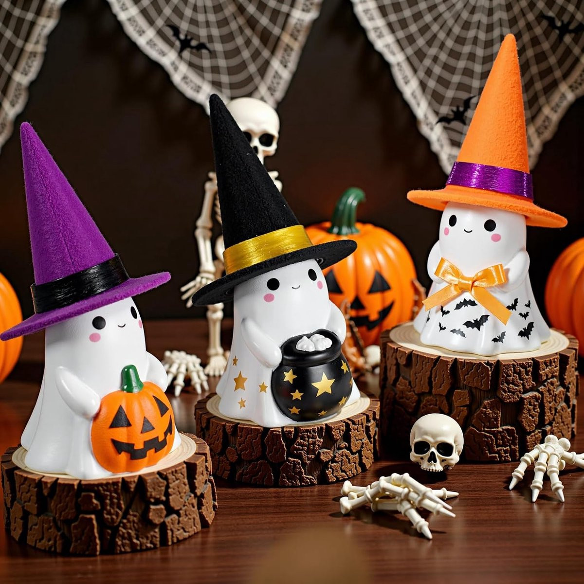 KZQ Halloween Decoratie Binnen - Set van 3 Keramische Spookfiguren met Hoedjes - Tafeldecoratie voor Feest en Huis