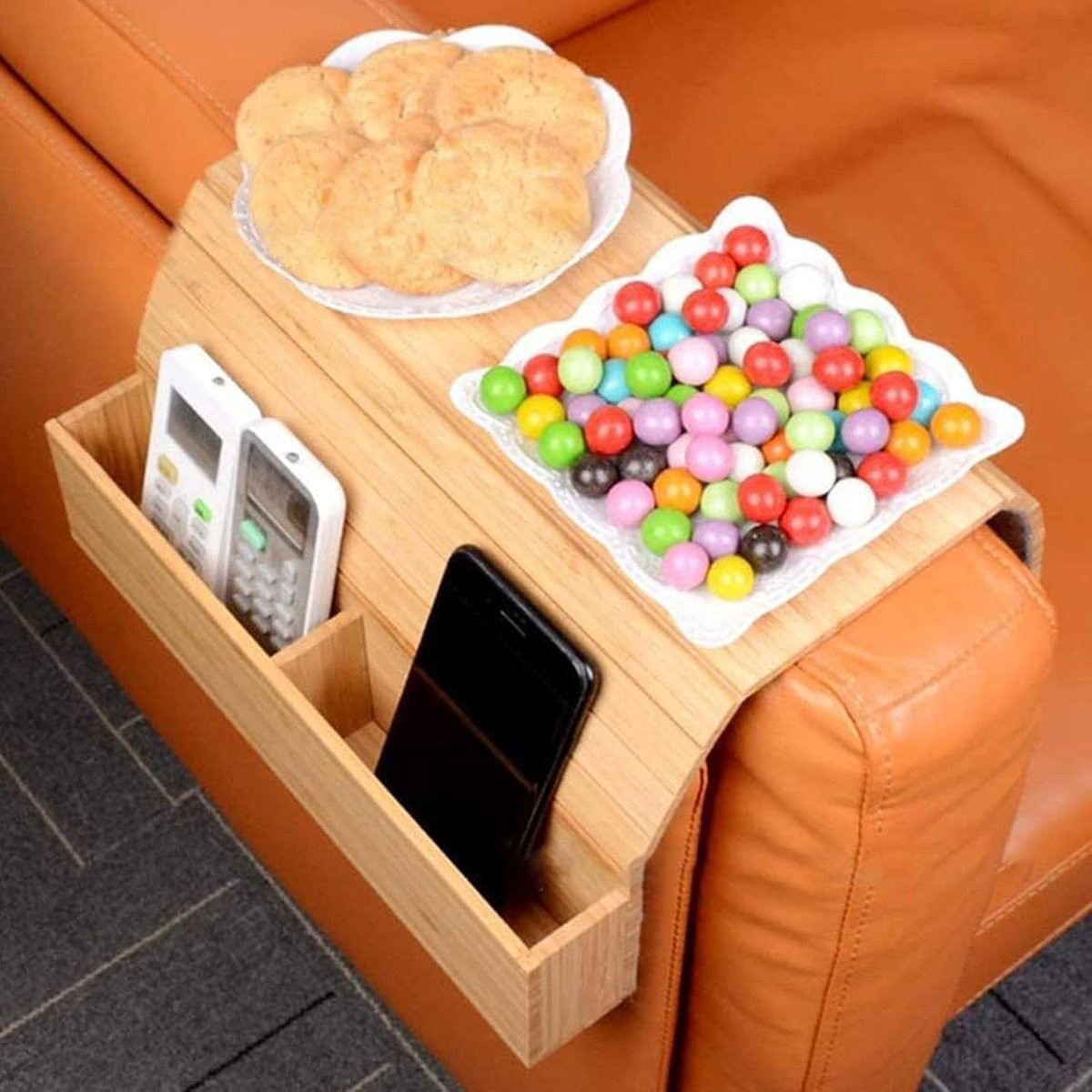 Bank Armleuning Dienblad Sofa Organizer in Houtkleur met Bekerhouder