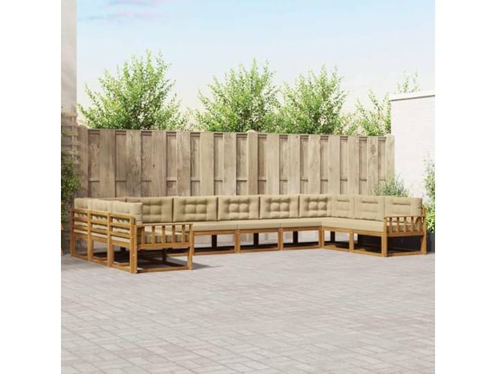 RJPLMFV Ecksofa für den Außenbereich, Akazie, massiv, 10-teilig, Beige Modernes Lattendesign, Armlehnen aus Holz, Terrassen-Set, robust und langlebig