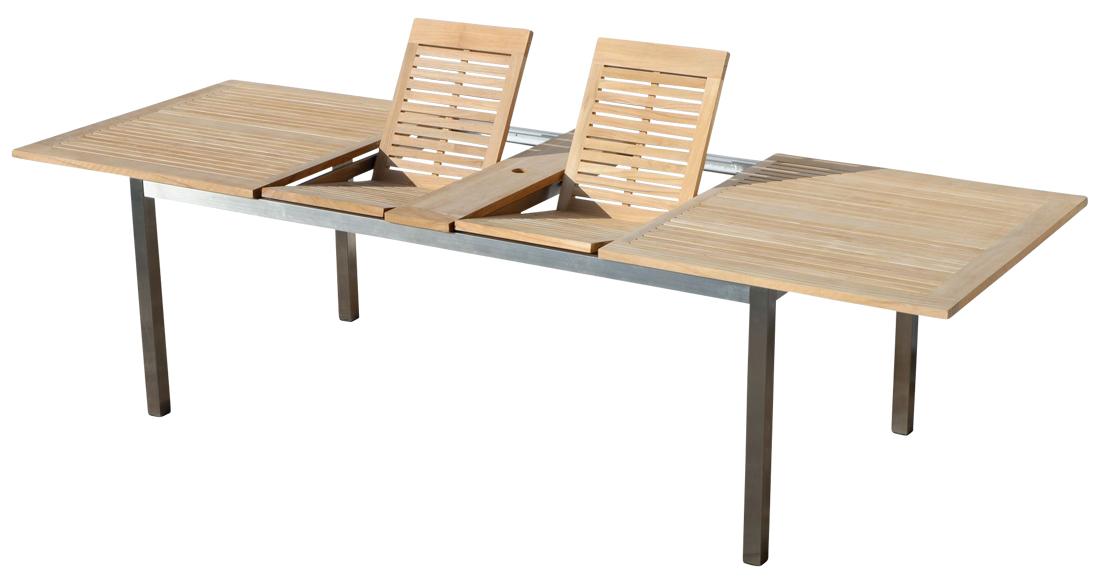 ALEOS. Edelstahl Teak Ausziehtisch 200/240/280x100 cm Gartentisch Holztisch Esstisch Tisch massive Ausführung A-Grade Teakholz Modell: KUBA