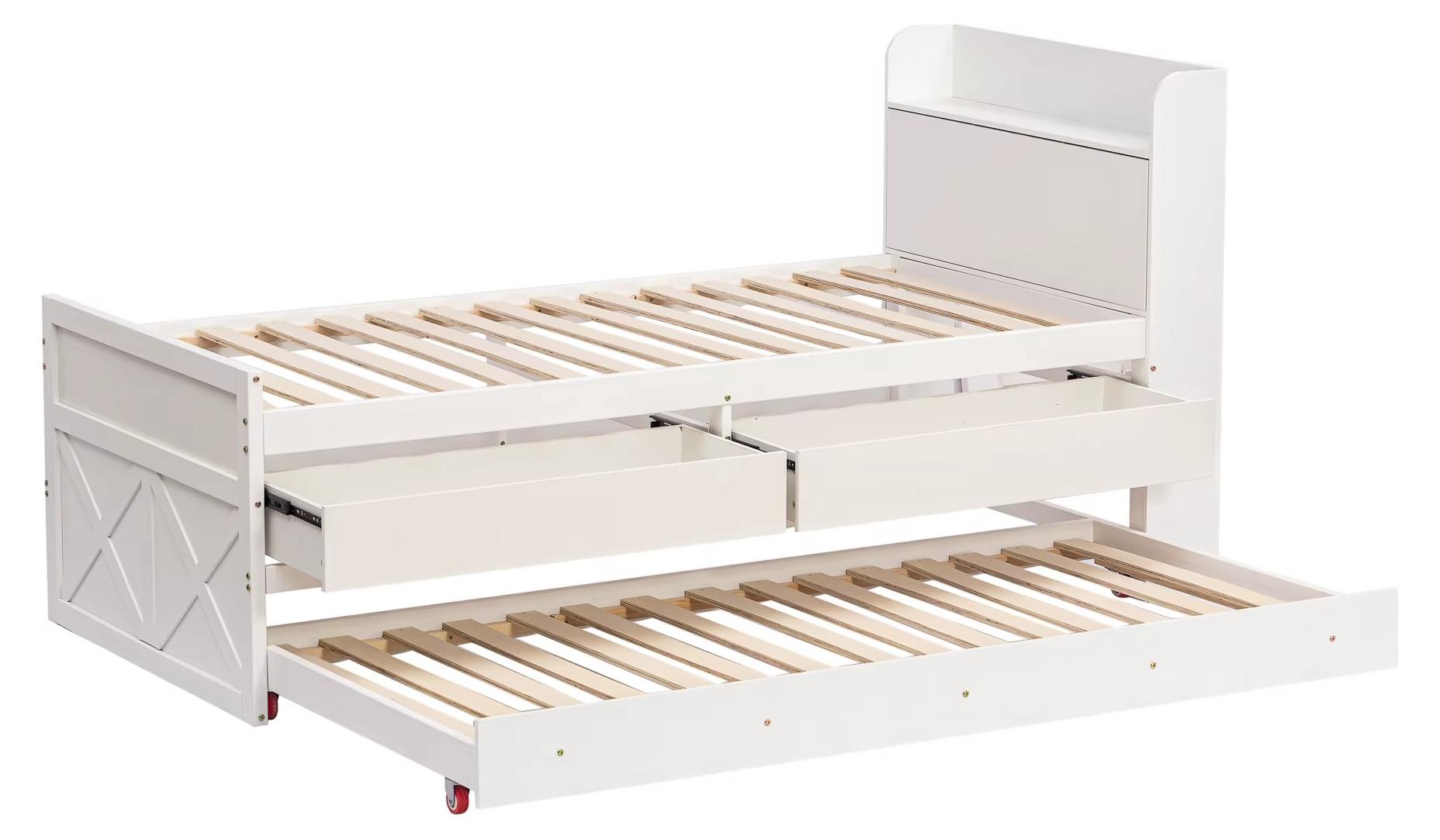 Massivholzbett - Einzelbett - 90 x 190 cm - Ausziehbare Bettkasten-Schublade - Lattenrost - Regale - USB-Anschluss - Weiß