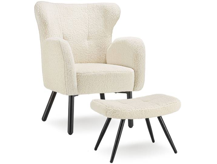 Sessel mit Hocker Vänersborg Bouclé, dick gepolstert - Bouclé creme/schwarz