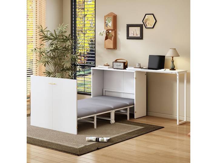 Merax Tagesbett Klappbett 90x200cm mit drehbarem Schreibtisch, Holzbett Kinderbett mit Matratze, platzsparendes Schrankbett mit Rollen, Weiß