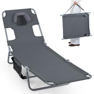 Costway Folding Beach Lounge Chair with Adjustable Backrest for Lawn-Gray