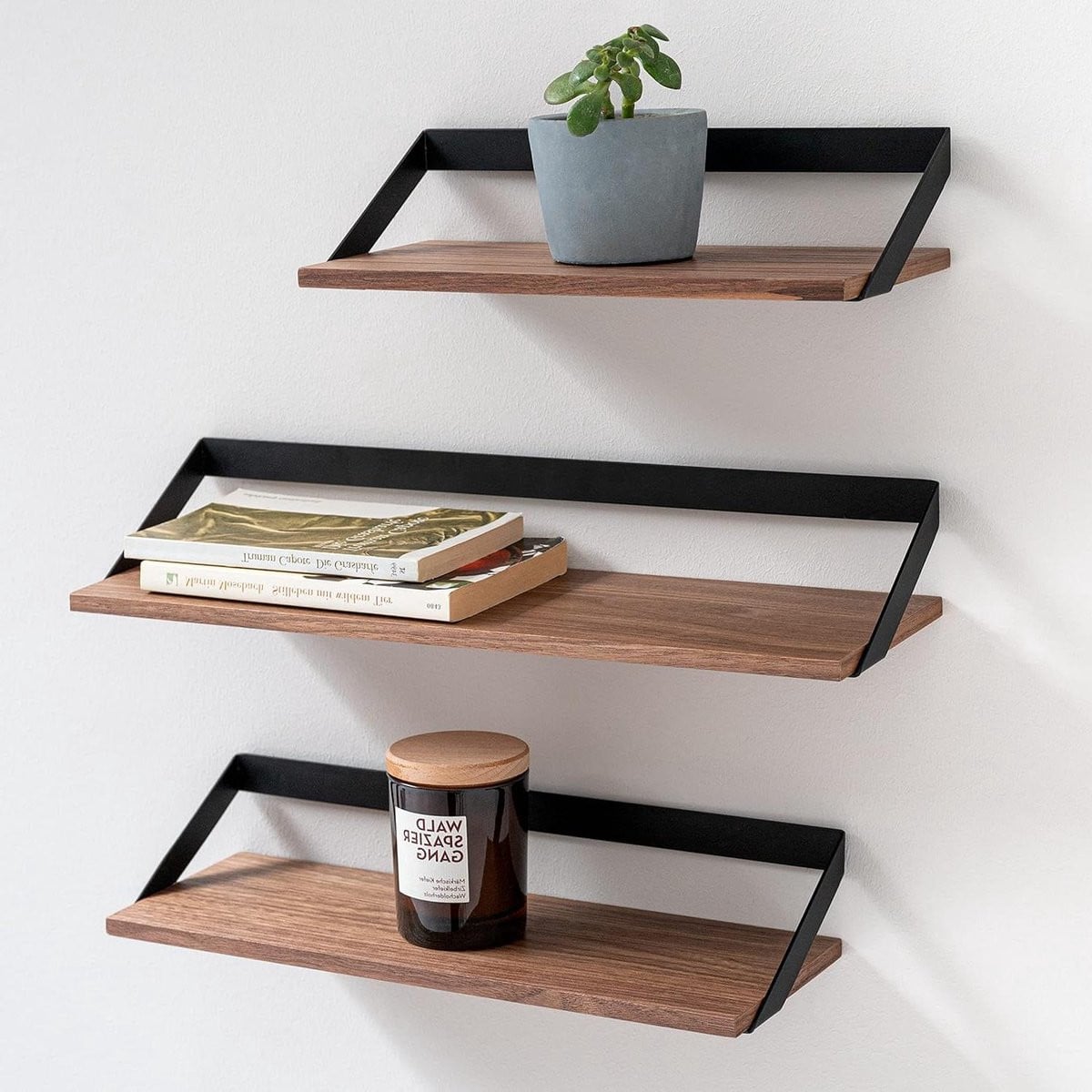 Set van 3 wandplanken van massief houten fineer in walnoot