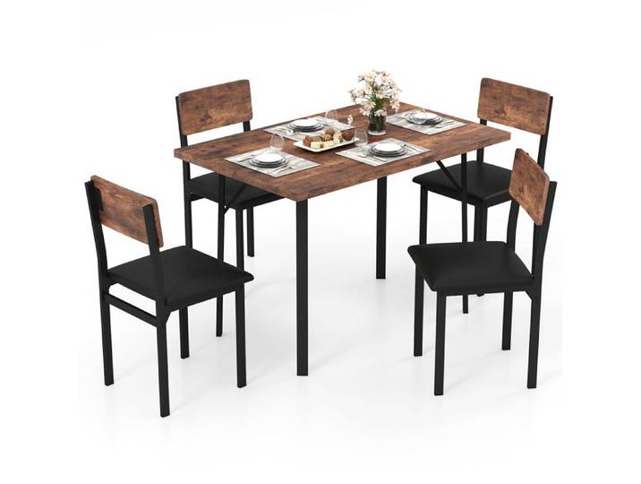 GIANTEX Ensemble de Table à Manger 5 Pièces- Table de Cuisine Rectangulaire avec 4 Chaises Rembourrées- Cadre en Métal- Marron