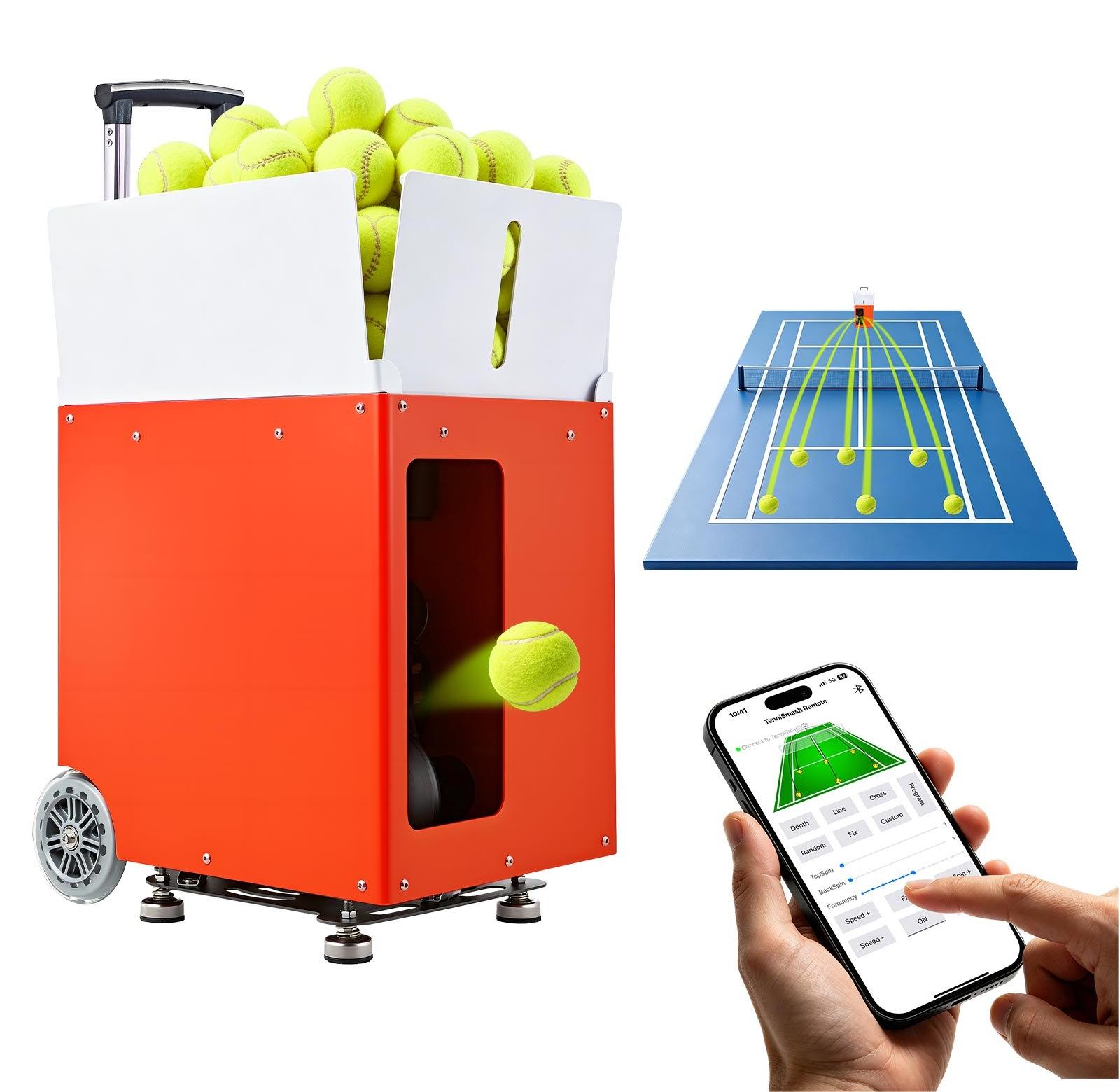 Tennisballmaschine - Ballwurfmaschine - Bis 121 km/h - 110-Ball-Kapazität - Spin-Steuerung per App - 20 Trainingsmodi - 4 h Akkulaufzeit - Rollen und Metallgehäuse