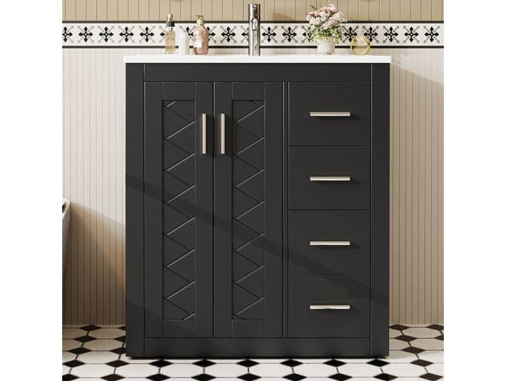 Meuble-lavabo autoportant - 76x46 5x85 5 cm - Noir - MDF et céramique - Finition laquée - 3 tiroirs silencieux