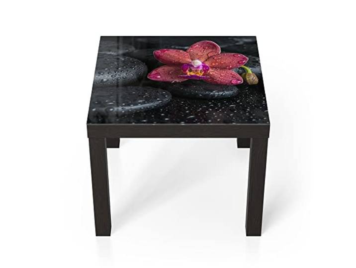 DEQORI Glastisch schwarz klein 55x55 cm Motiv Blüte und Steine benetzt ausgefallener Beistelltisch aus Glas Hochglanz Couchtisch fürs Wohnzimmer moderner Couch Tisch mit Design