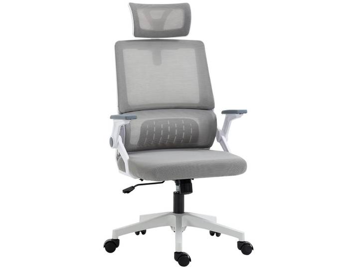 Vinsetto Bürostuhl Ergonomisch, Schreibtischstuhl mit Verstellbar Kopfstütze Mesh, Grau, Textil, 61x121.5x60 cm, Büromöbel, Bürostühle, Drehstuhl