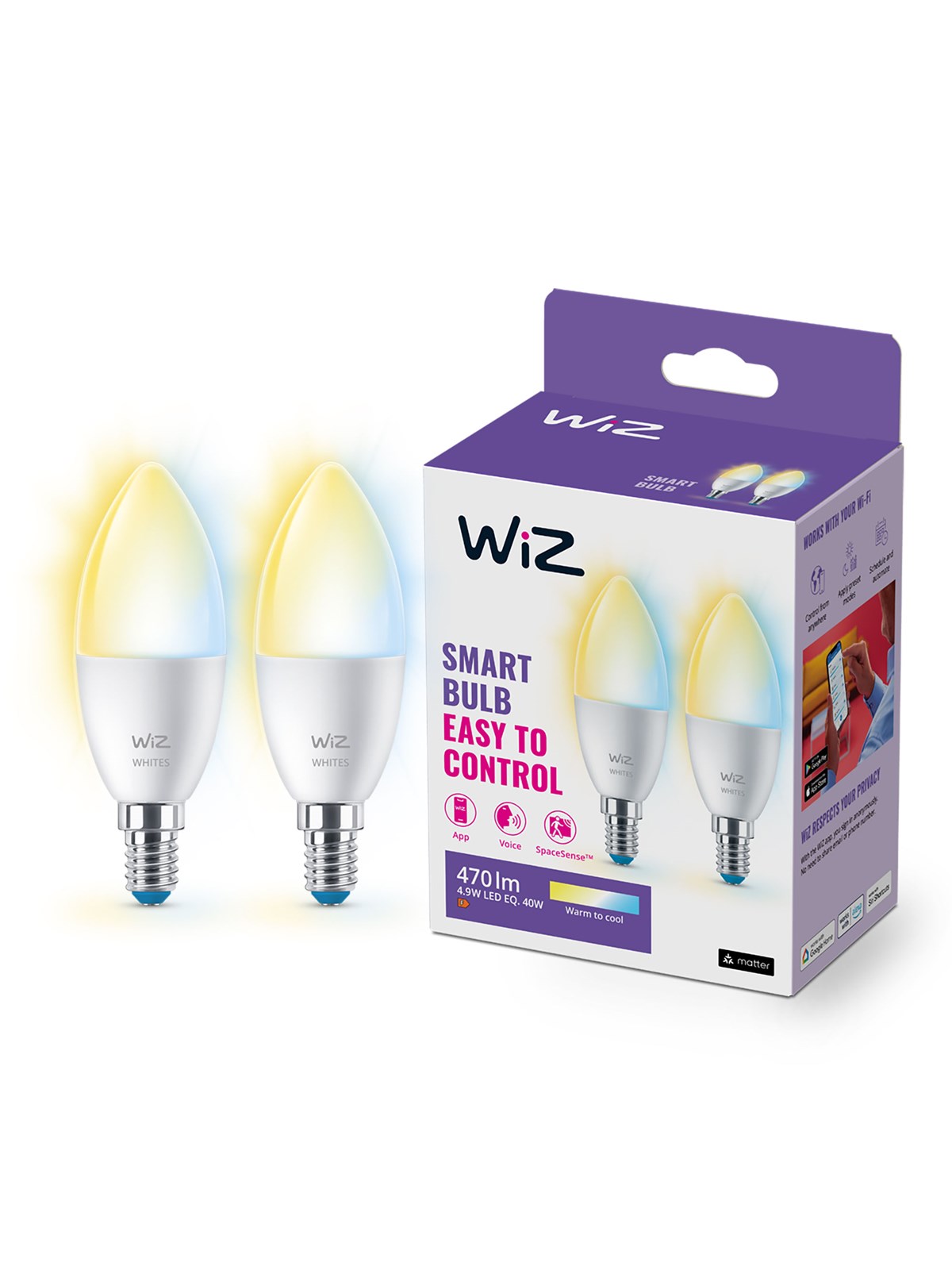 WiZ Tunable C37 E14 Smart Candle Bulb 2-pack - Dimmable warm-to-cold White LED