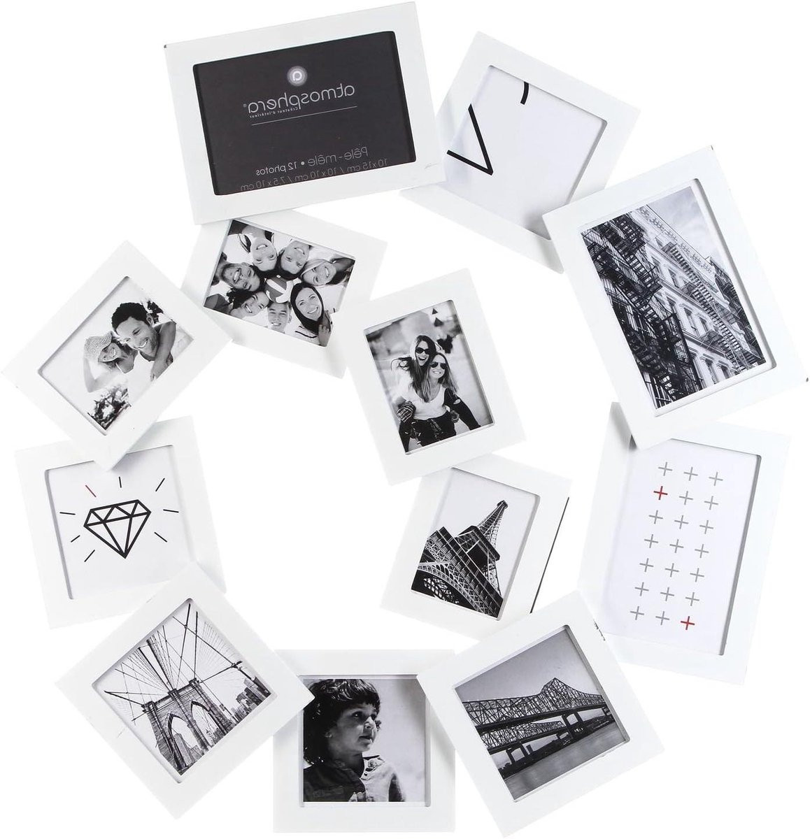 Spiraal Foto Display Fotowand Decoratie met Twaalf Fotovakken - Wit - 60 x 60 cm